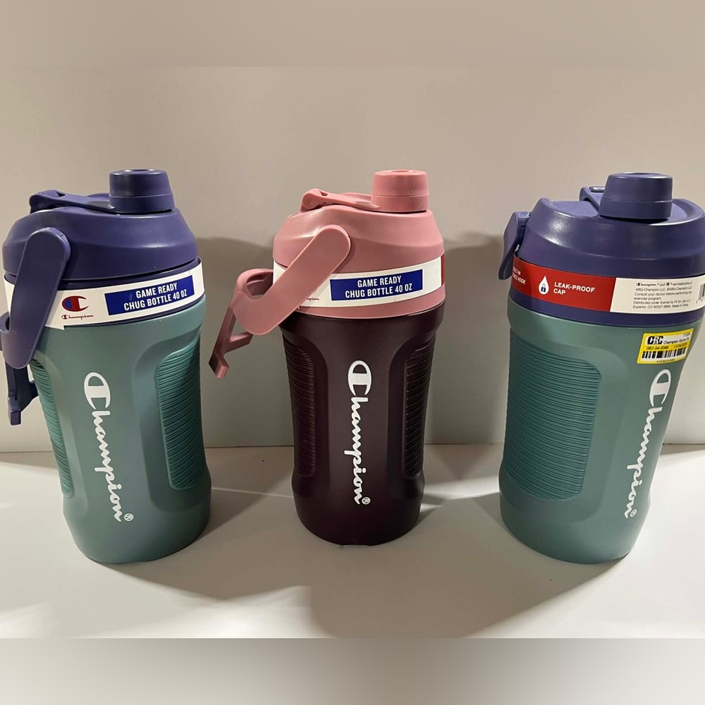 SET OF THREE 40oz Champion Game-Ready Chug Bottles (2) Green/Blue (1) Pink/red